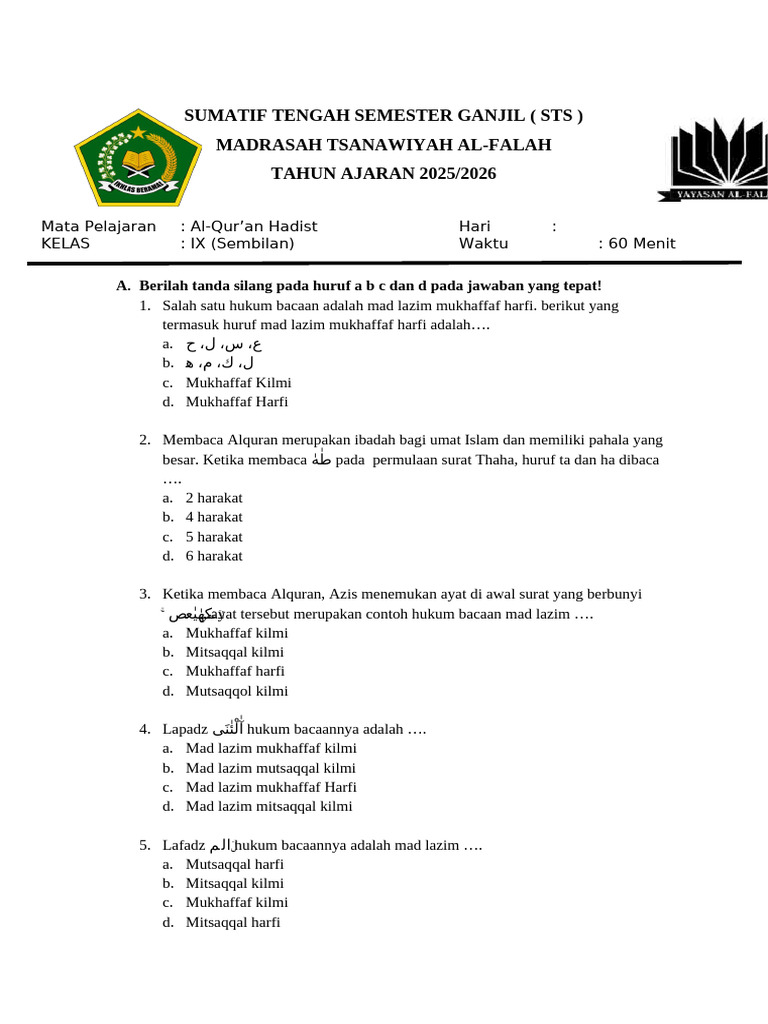 Soal Al-Quran Hadits Kelas 9 PDF