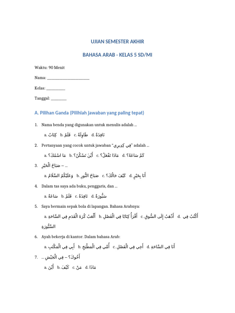 Ujian Bahasa Arab Kelas 5 SD PDF Ujian Bahasa Arab Kelas 5 SD PDF