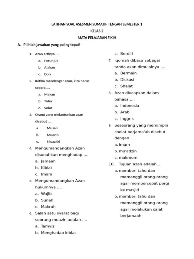 7 Contoh Soal Fikih Kelas 2 Semester 1 yang Wajib Dikuasai Sebelum Ujian Tiba