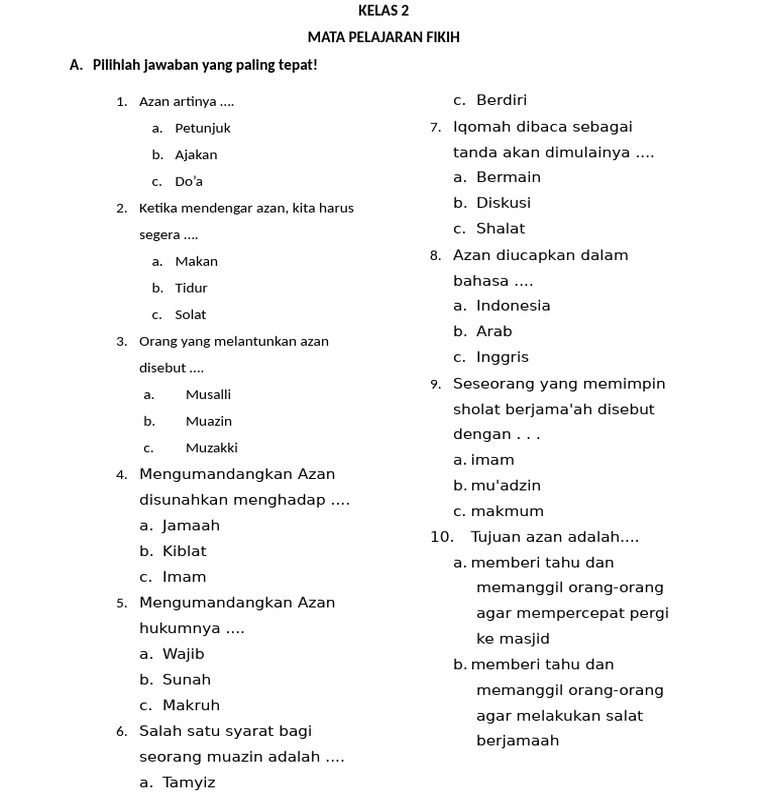 7 Contoh Soal Fikih Kelas 2 Semester 1 yang Wajib Dikuasai Sebelum Ujian Tiba
