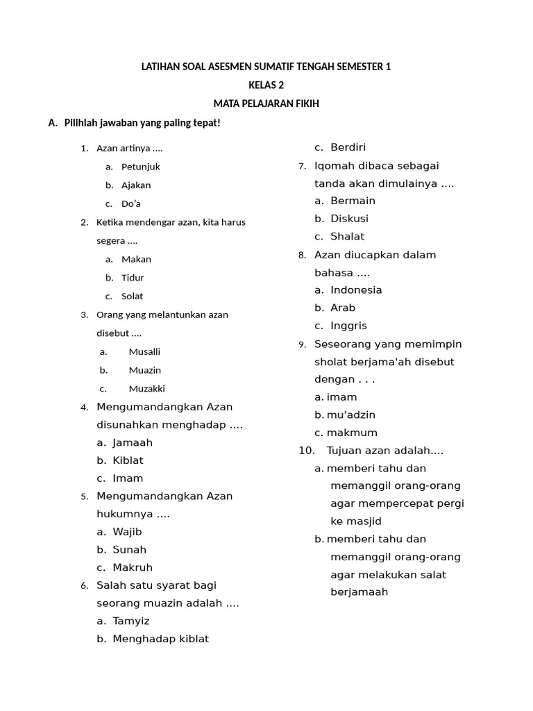 7 Contoh Soal Fikih Kelas 2 Semester 1 yang Wajib Dikuasai Sebelum Ujian Tiba