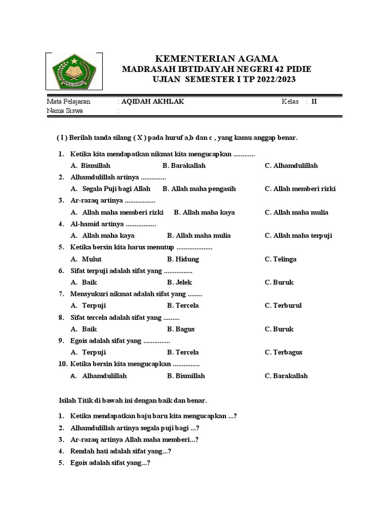 Mengasah Pemahaman Akhlak Mulia Contoh Soal Tematik Kelas 2 Akidah Mengasah Pemahaman Akhlak Mulia Contoh Soal Tematik Kelas 2 Akidah