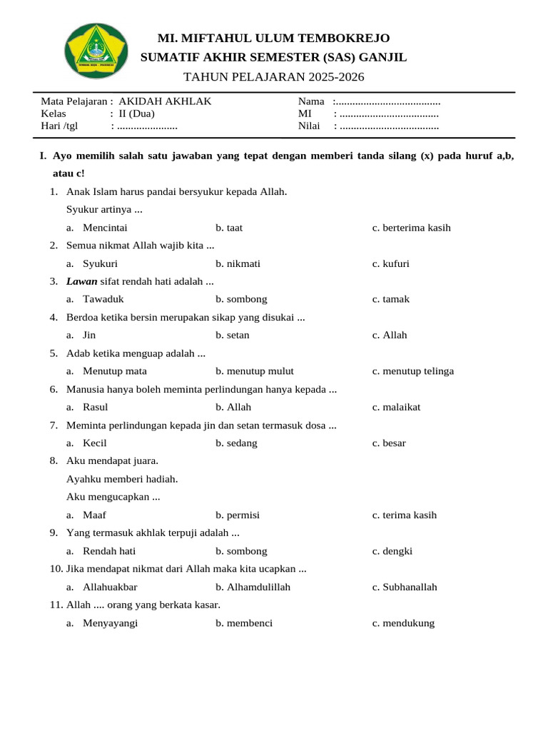Soal Akidah Akhlak Kelas II MI 2025-2026 PDF Soal Akidah Akhlak Kelas II MI 2025-2026 PDF