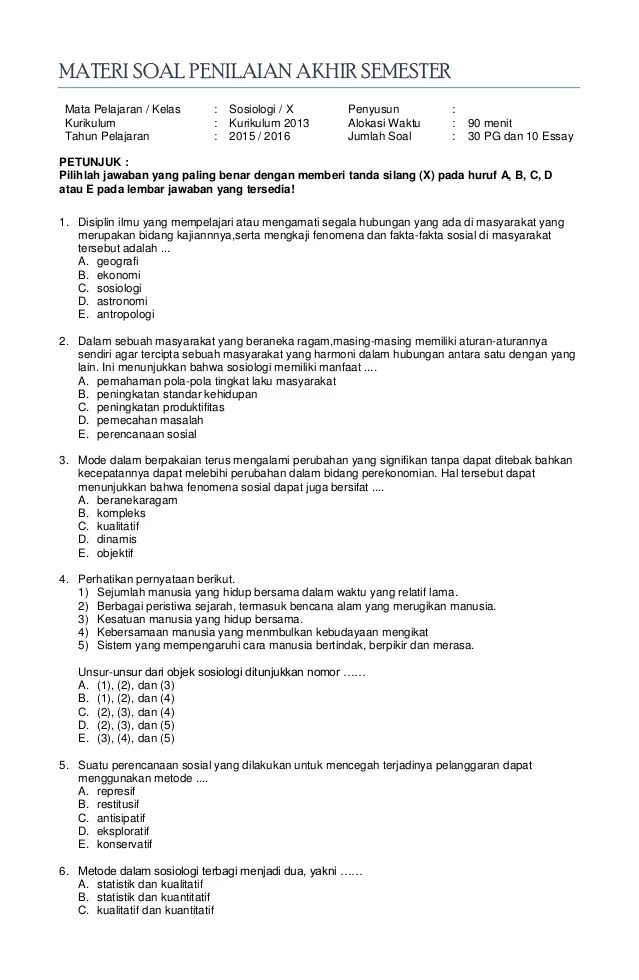 5 Contoh Soal Sosiologi Kelas X Semester 2 Kurikulum 2013 yang Wajib Dikuasai Sekarang