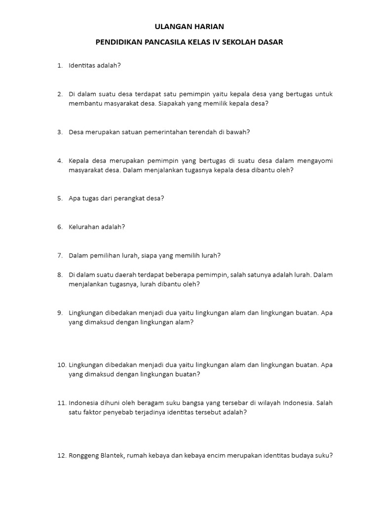 Download Soal Ulangan Harian Kelas 4 Tema 1 Subtema 1 Terbaru 2026 Lengkap Kunci Jawaban dan Kisi-Kisi