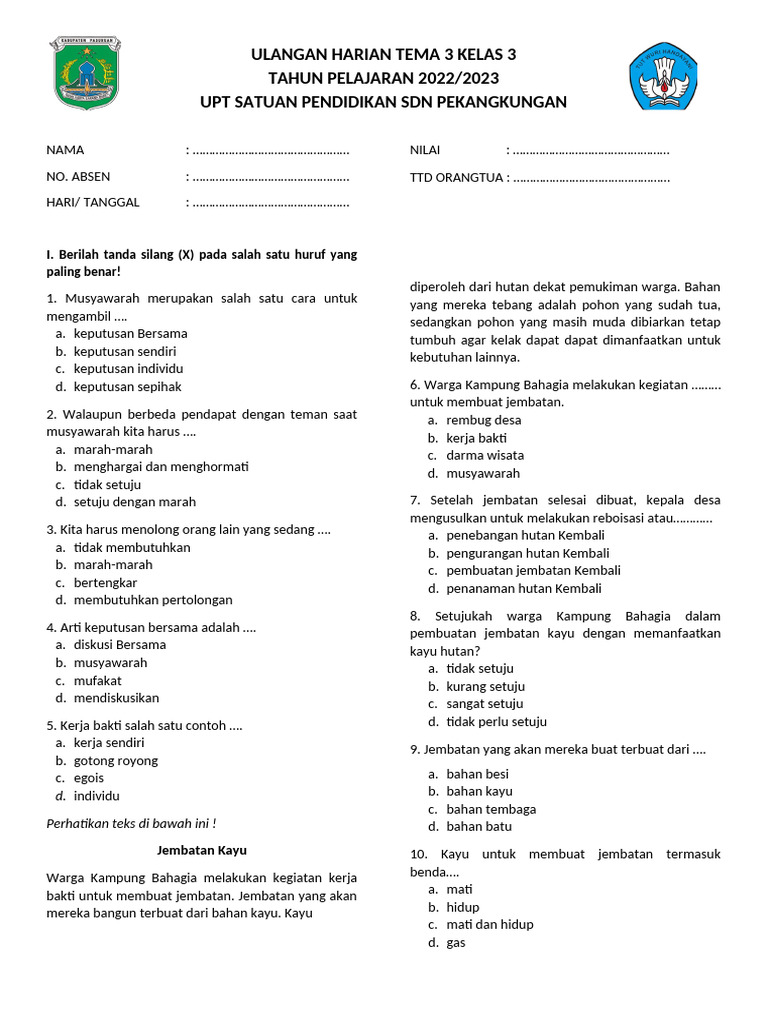 Rahasia Dapat Nilai Tinggi dengan download soal ulangan harian kelas 3 tema 3 dan 4 Segera