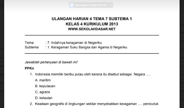 Soal Ulangan Harian K13 Kelas 4 Tema 7 Subtema 1 - Materi Soal