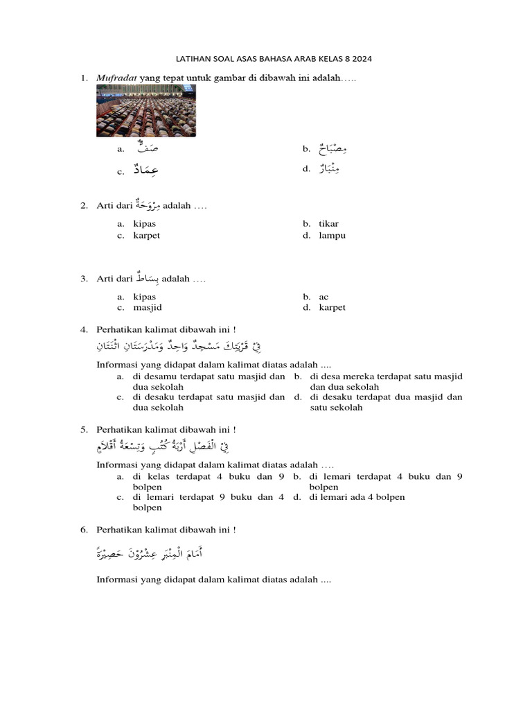 Bocoran Latihan Soal Ulangan Bahasa Arab Kelas 8 MTs Semester 1 Pasti Keluar di Ujian