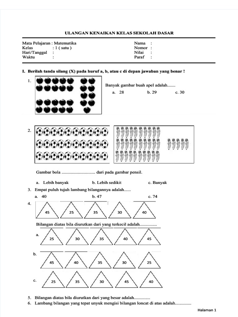 Download Gratis Latihan Soal UKK Matematika Kelas 1 SD PDF Agar Anak Siap Ujian