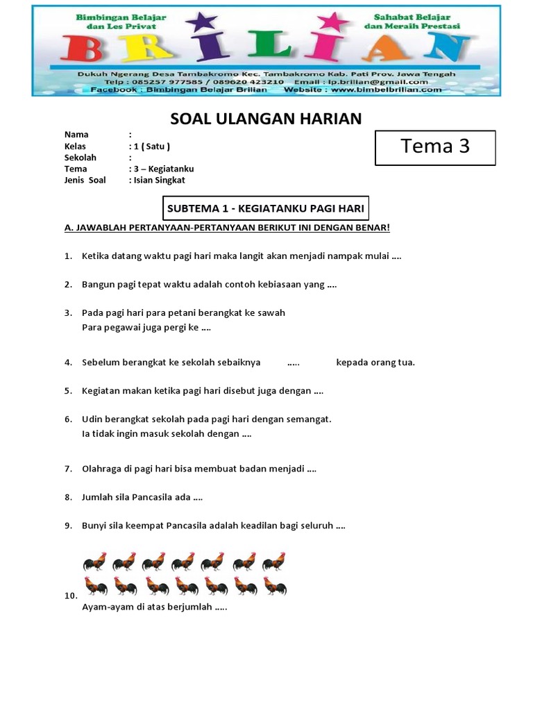 Download Soal Ulangan Tema 3 Kelas 1 SD Semester 1 Terbaru Paling Lengkap 2026