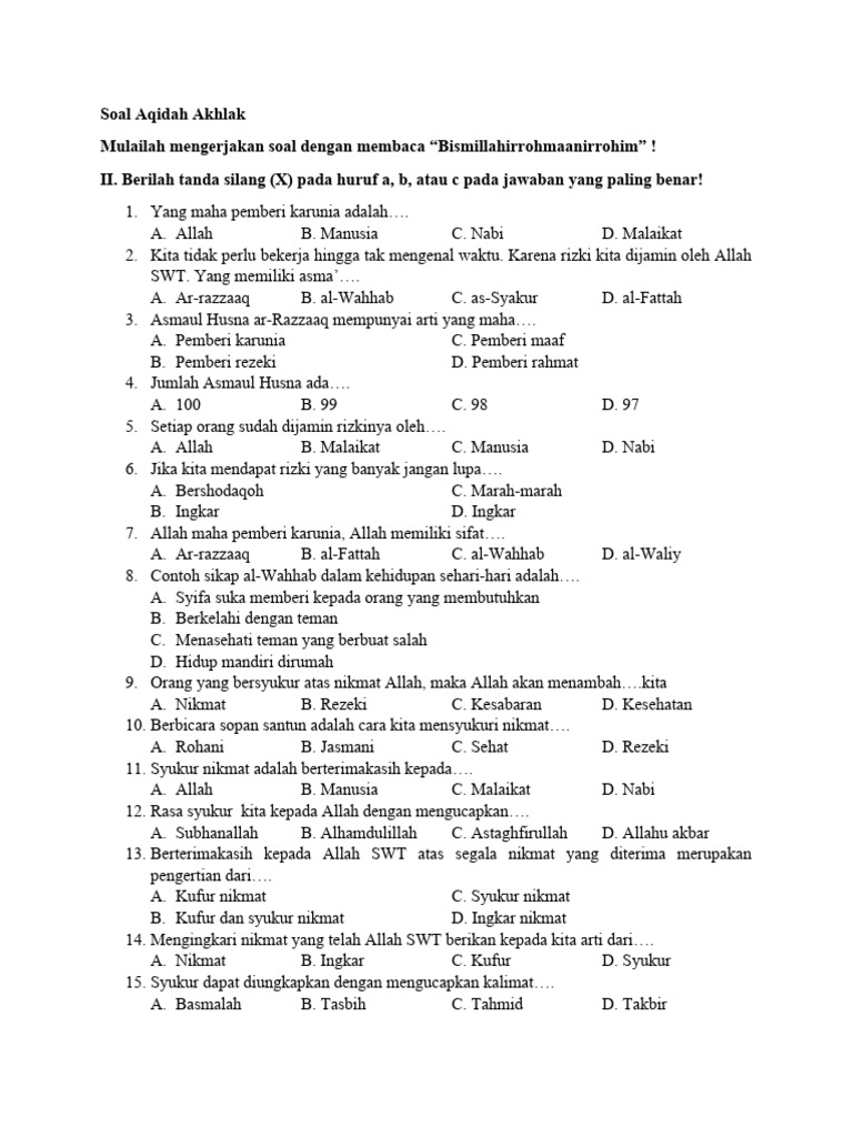 Rahasia Lulus Nilai Sempurna Soal UAS Aqidah Akhlak Kelas 3 Semester 1 Kurikulum 2018
