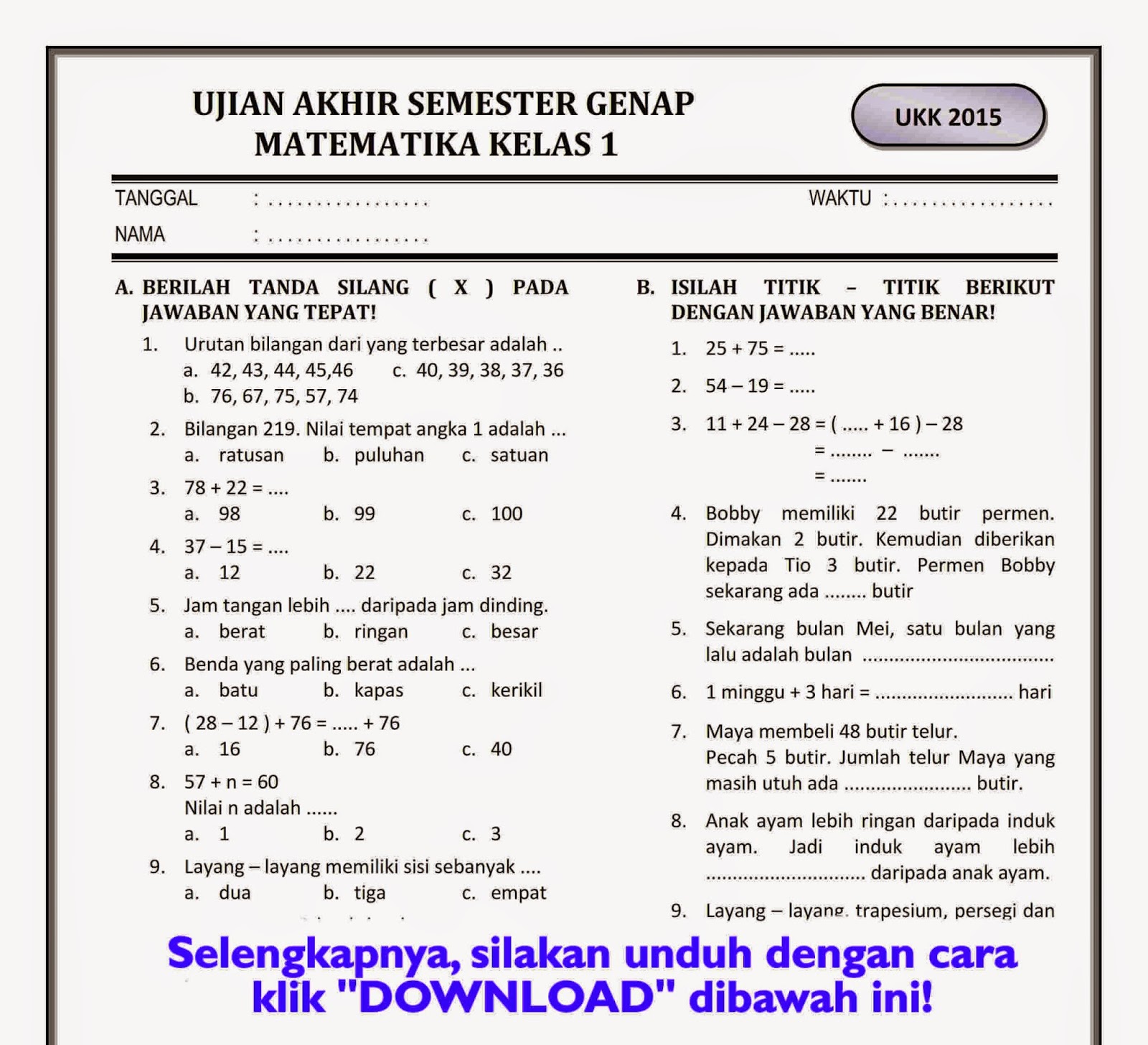 Rahasia Lulus Nilai Sempurna dengan Latihan Soal UKK Kelas 1 Semester 2 Tema 5 Terbaru