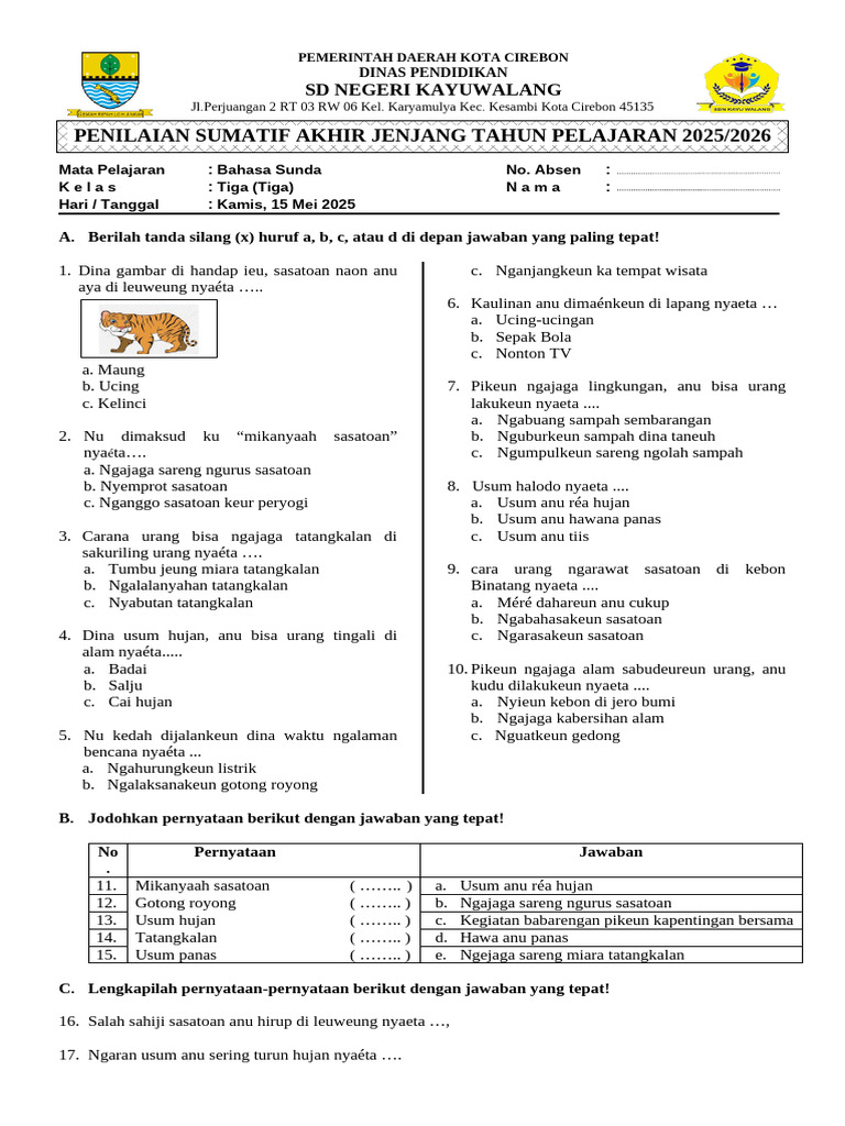 Rahasia Nilai Sempurna Bocoran Soal UAS B. Sunda Kelas 3 SD Semester 1 Terbaru